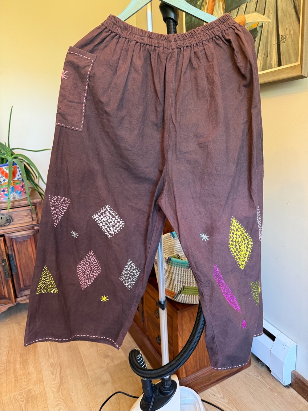 Embroidered Brown Boho Wide-Leg Pants